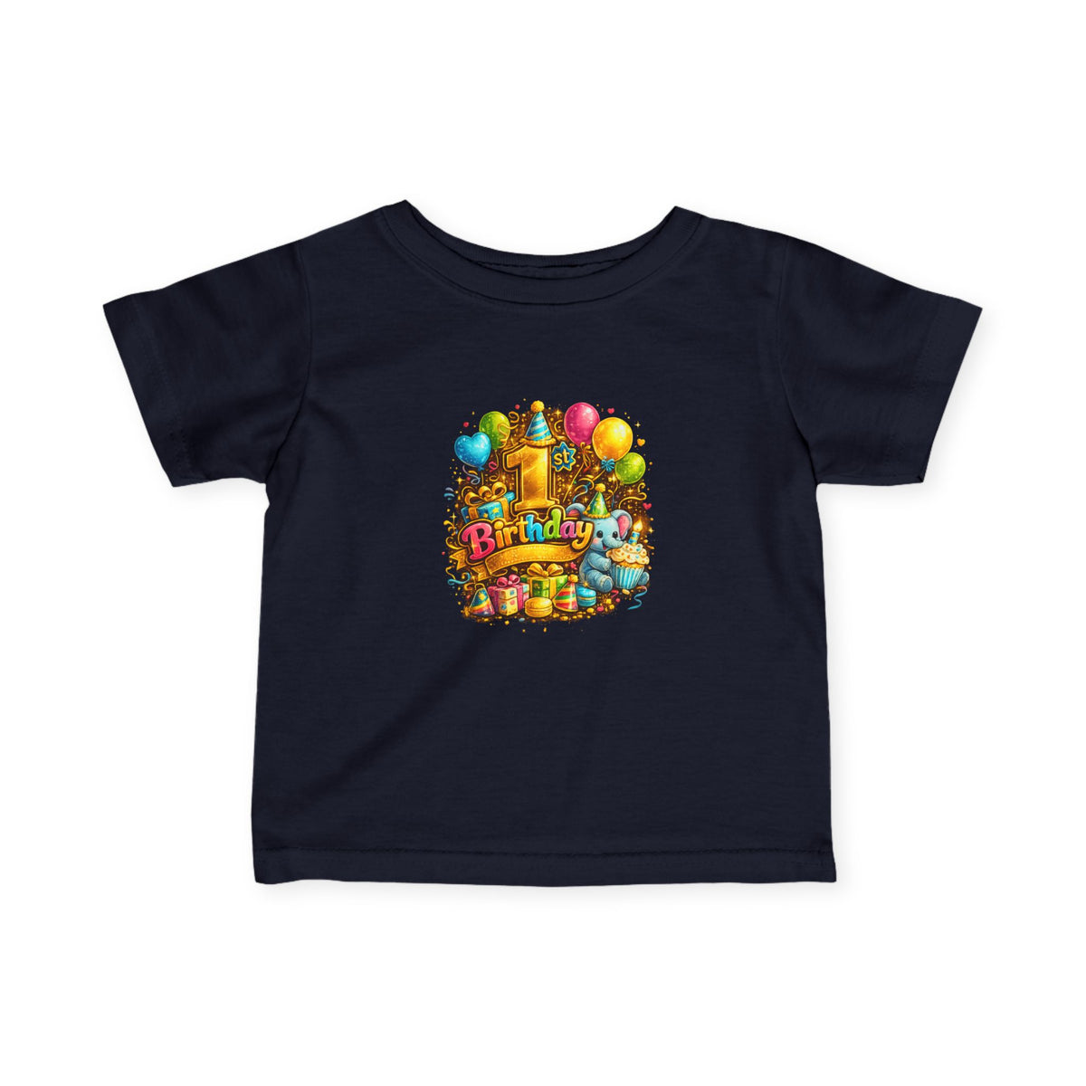 Infant Birthday Tee — Colorful Balloons & Cake Baby T‑Shirt