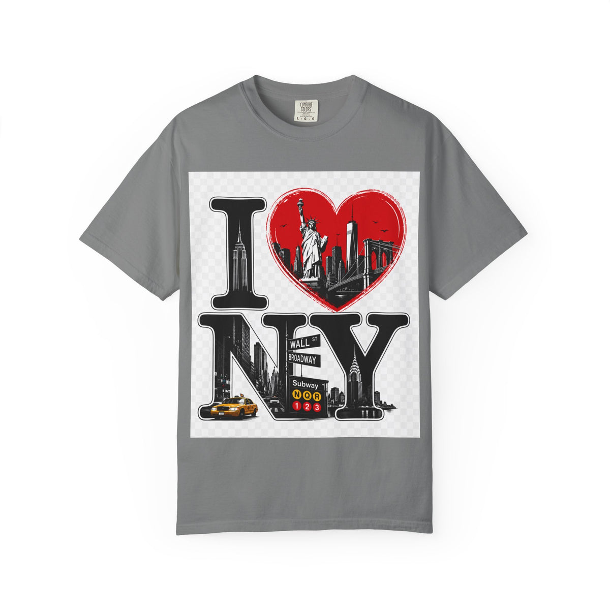 I  NY Skyline T-Shirt — New York City Souvenir Tee with Statue of Liberty & Taxi Design