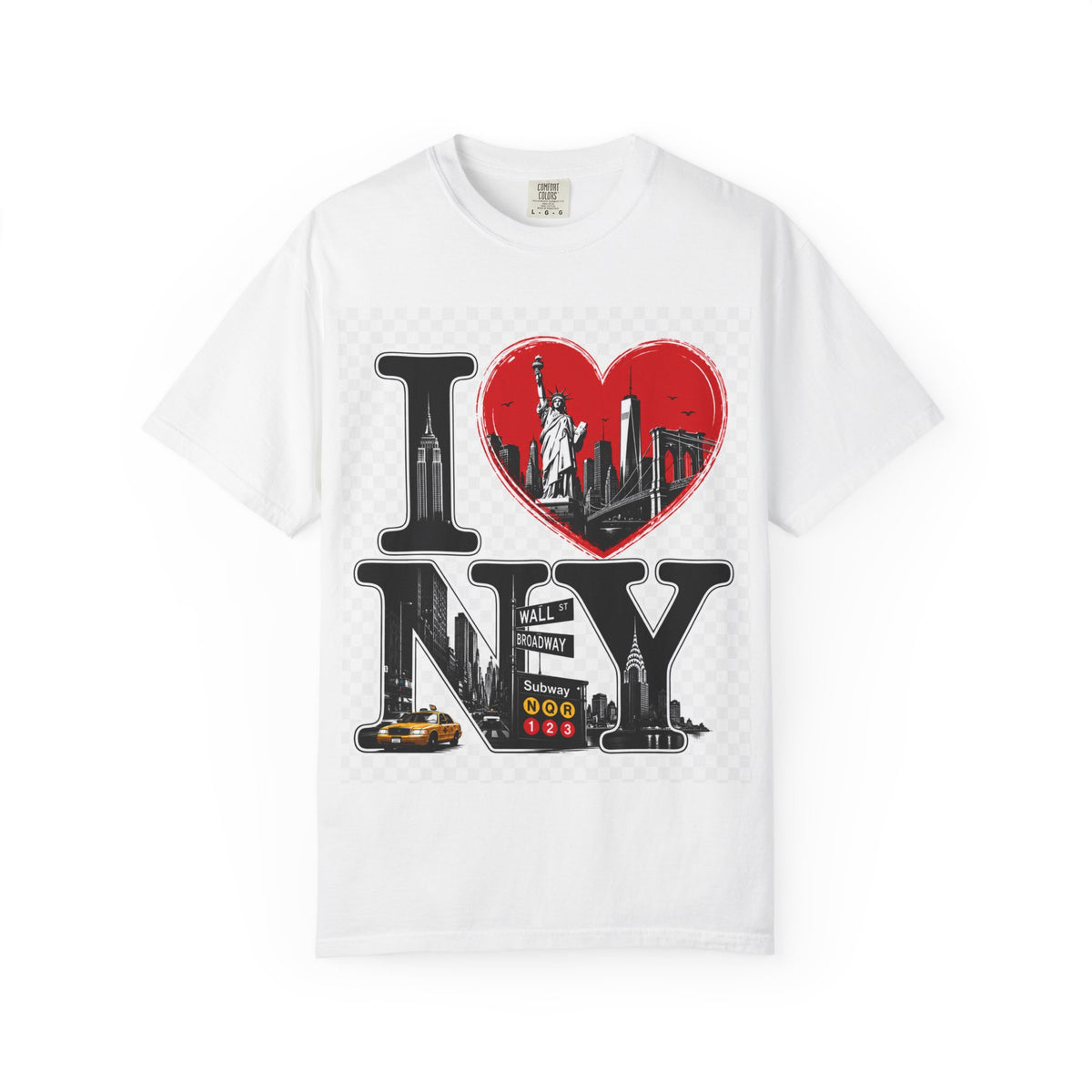 I  NY Skyline T-Shirt — New York City Souvenir Tee with Statue of Liberty & Taxi Design