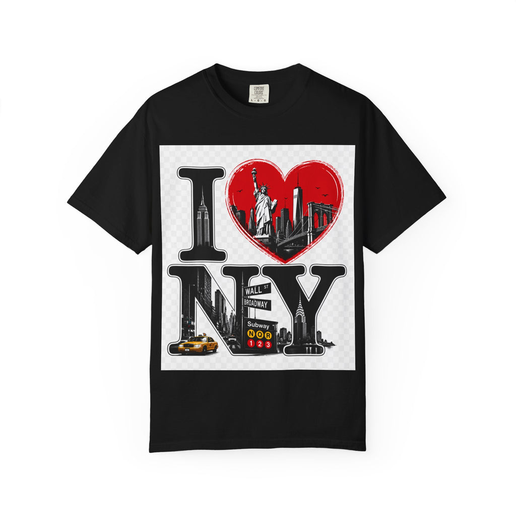 I  NY Skyline T-Shirt — New York City Souvenir Tee with Statue of Liberty & Taxi Design