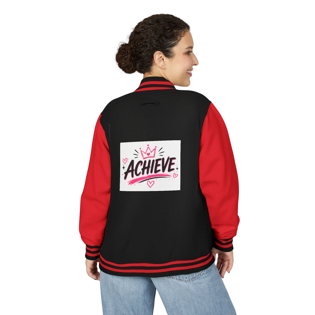Achieve Varsity Jacket — Pink Letterman Jacket with 'Achieve' Back Design