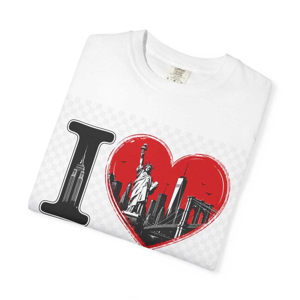 I  NY Skyline T-Shirt — New York City Souvenir Tee with Statue of Liberty & Taxi Design