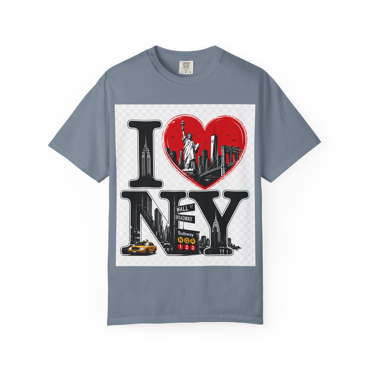 I  NY Skyline T-Shirt — New York City Souvenir Tee with Statue of Liberty & Taxi Design