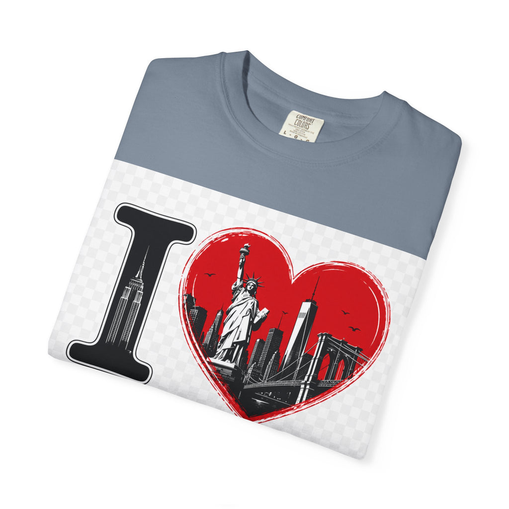I  NY Skyline T-Shirt — New York City Souvenir Tee with Statue of Liberty & Taxi Design