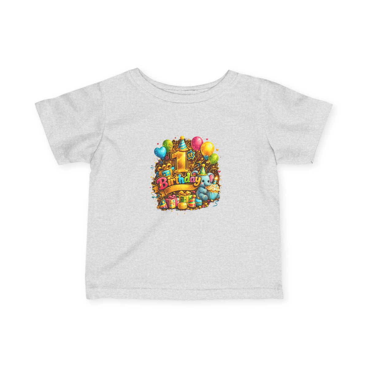 Infant Birthday Tee — Colorful Balloons & Cake Baby T‑Shirt