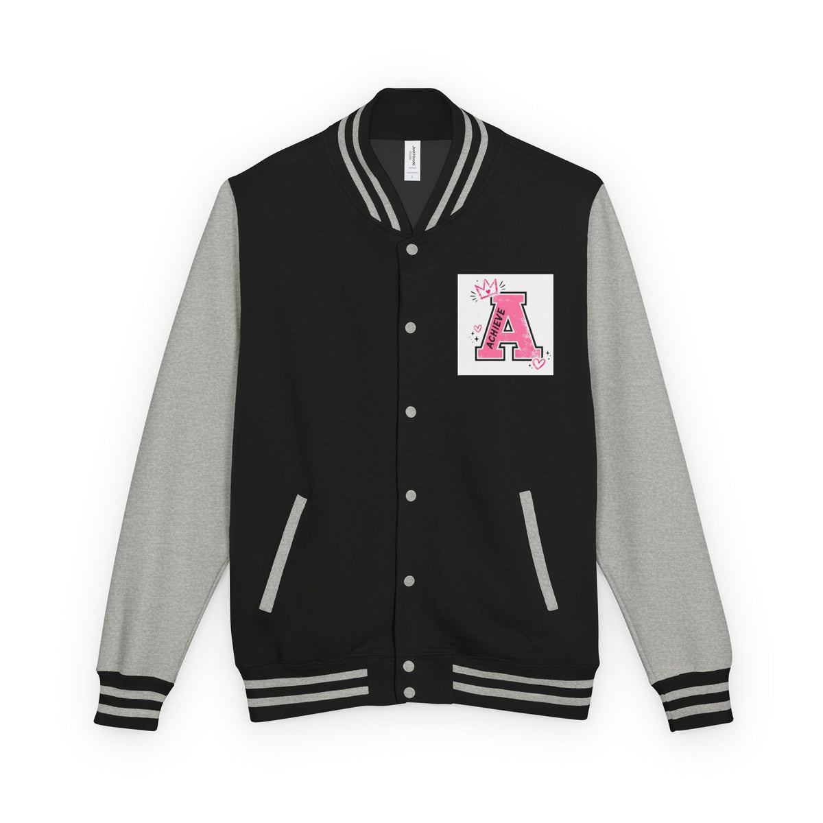 Achieve Varsity Jacket — Pink Letterman Jacket with 'Achieve' Back Design