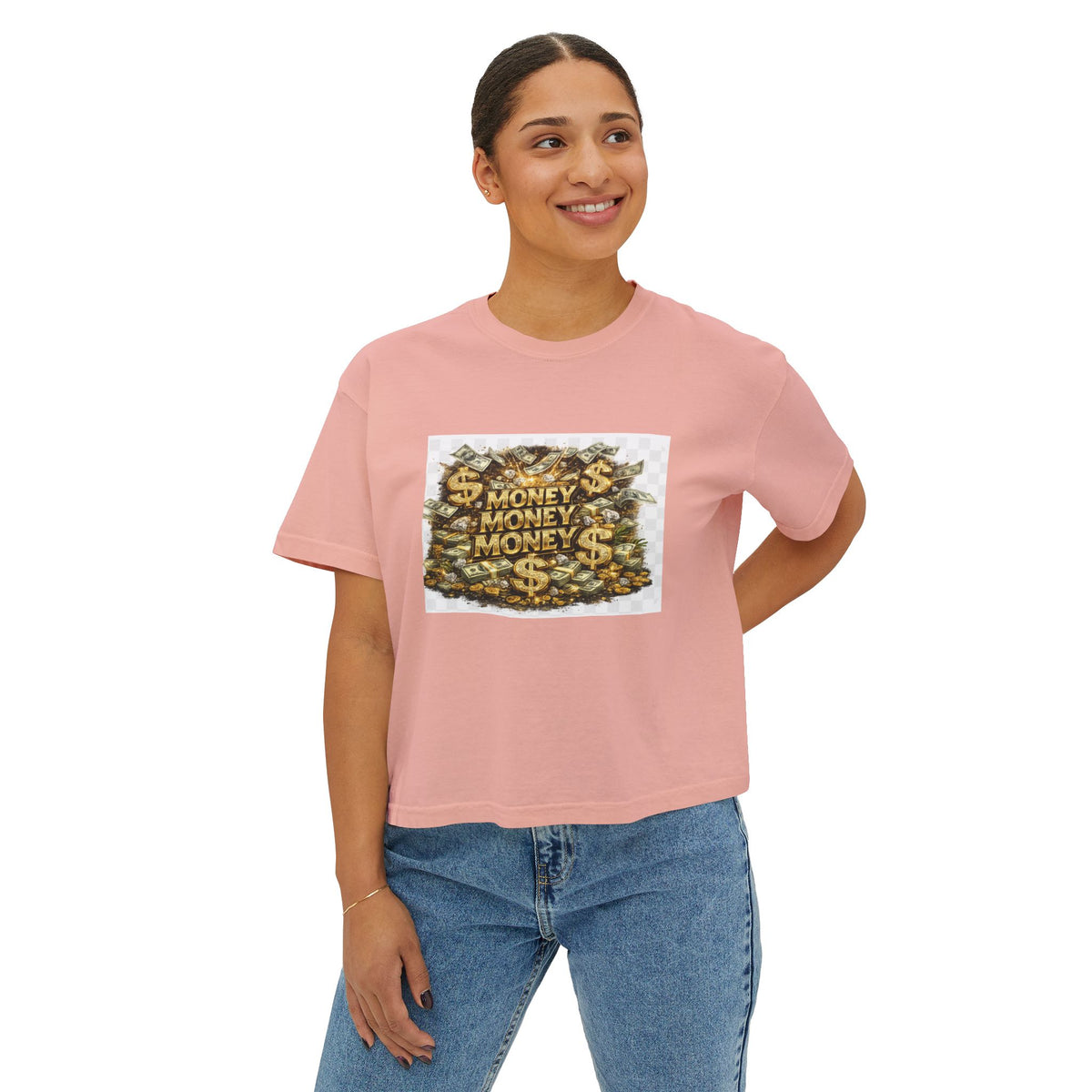 Money Stack Women's Boxy Tee — Graphic 'MONEY' Dollar Sign Design