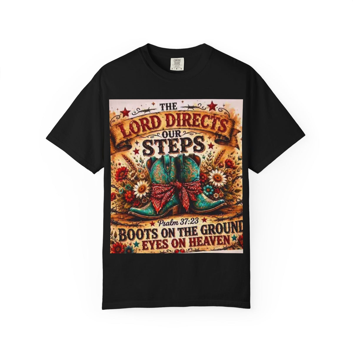 Christian Cowboy Boots T‑Shirt — “The Lord Directs Our Steps” Psalm 37:23 Inspirational Tee