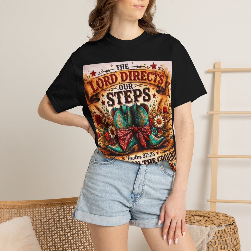 Christian Cowboy Boots T‑Shirt — “The Lord Directs Our Steps” Psalm 37:23 Inspirational Tee