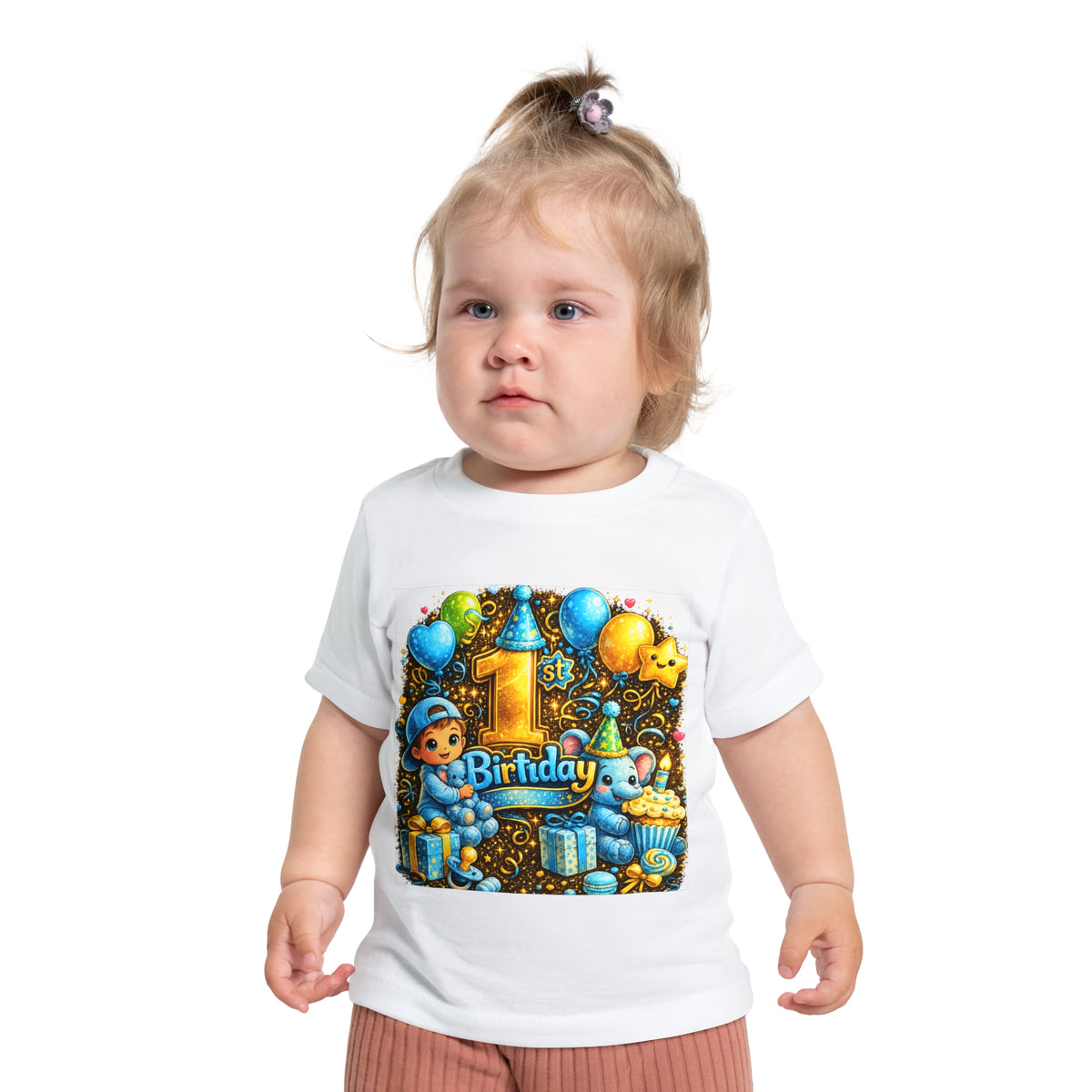 1st Birthday Baby T-Shirt — Blue Balloons & Cake First Birthday Tee