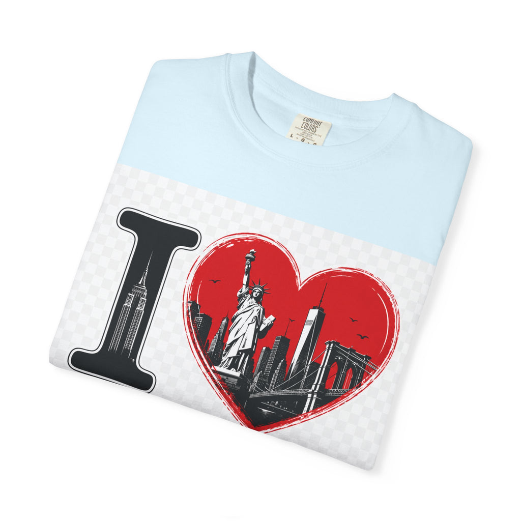 I  NY Skyline T-Shirt — New York City Souvenir Tee with Statue of Liberty & Taxi Design