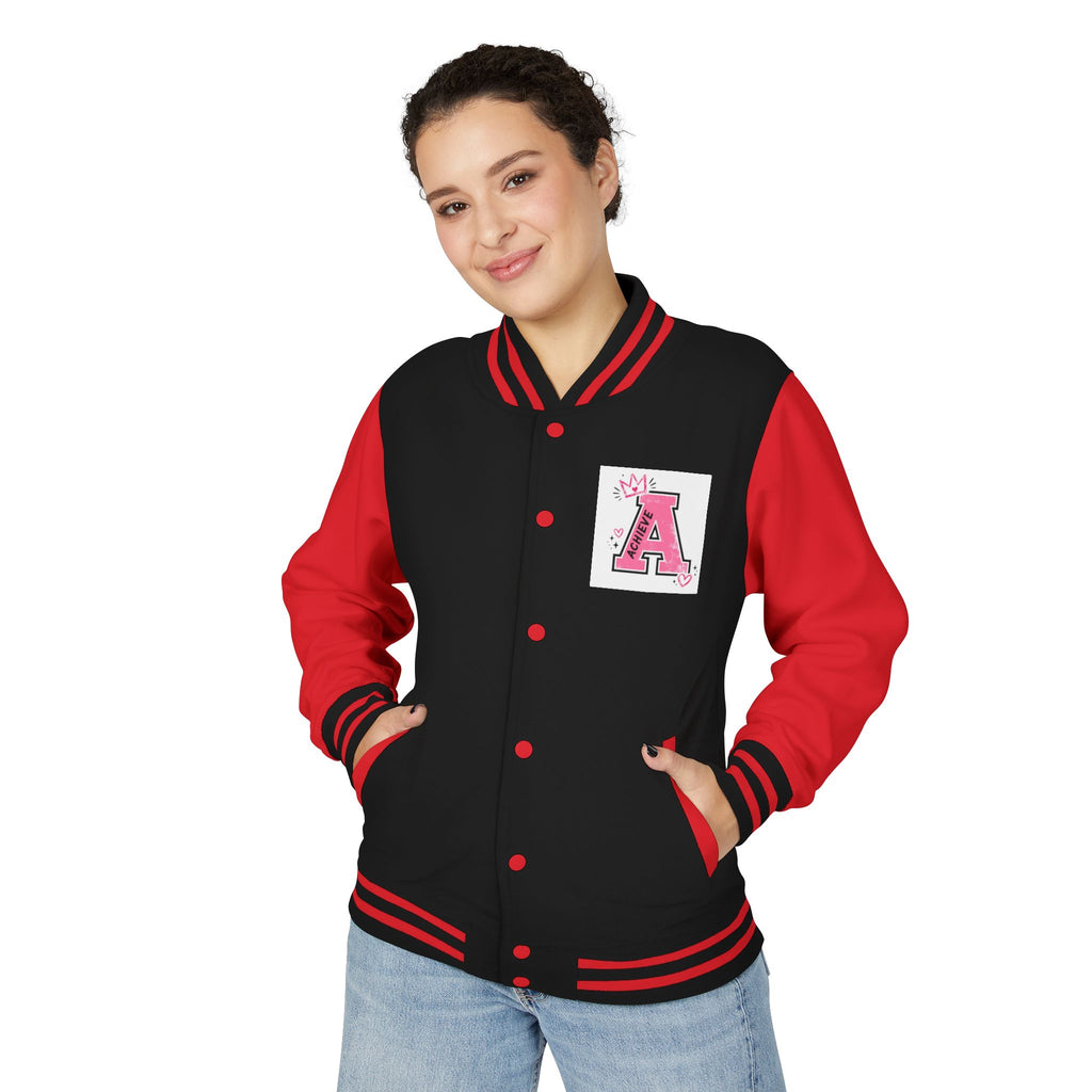 Achieve Varsity Jacket — Pink Letterman Jacket with 'Achieve' Back Design