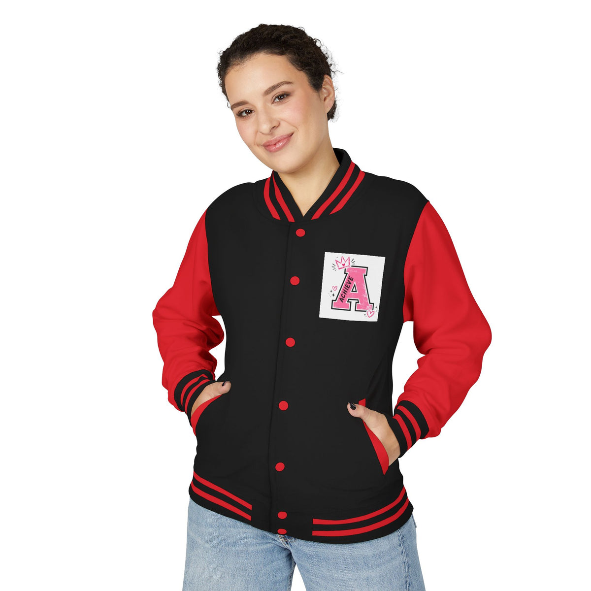Achieve Varsity Jacket — Pink Letterman Jacket with 'Achieve' Back Design