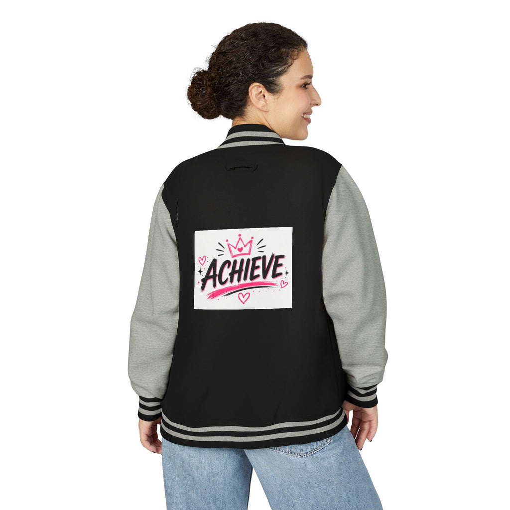 Achieve Varsity Jacket — Pink Letterman Jacket with 'Achieve' Back Design