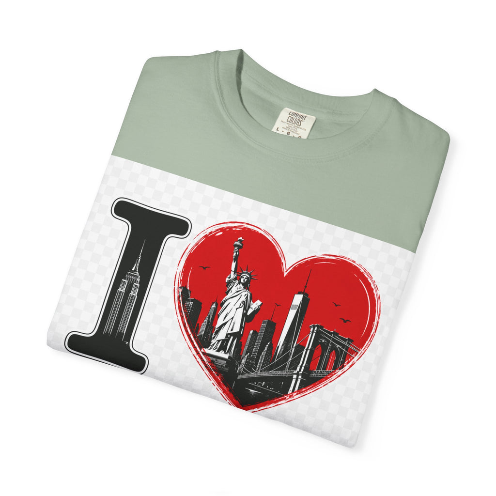 I  NY Skyline T-Shirt — New York City Souvenir Tee with Statue of Liberty & Taxi Design