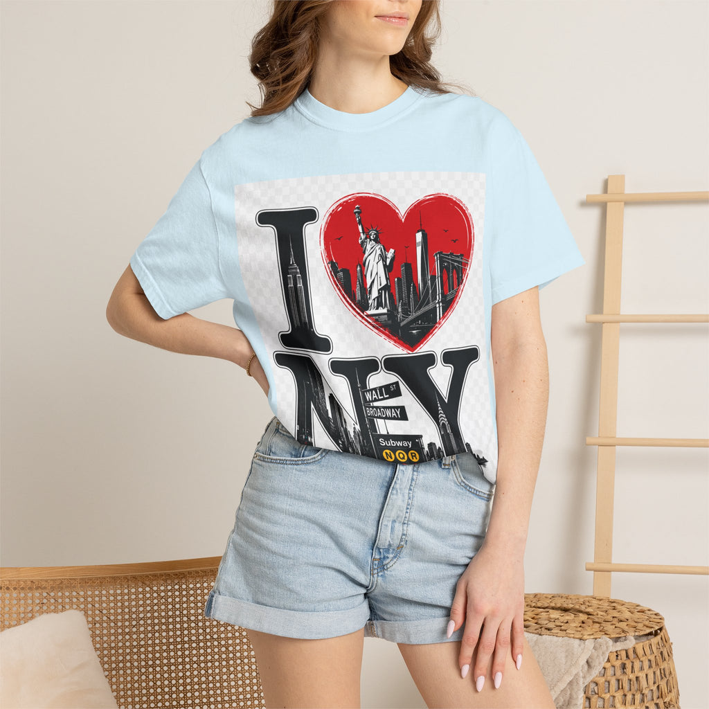 I  NY Skyline T-Shirt — New York City Souvenir Tee with Statue of Liberty & Taxi Design
