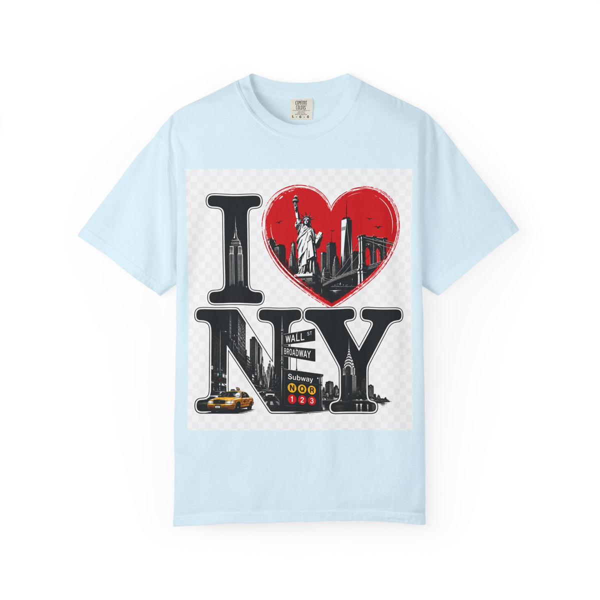 I  NY Skyline T-Shirt — New York City Souvenir Tee with Statue of Liberty & Taxi Design