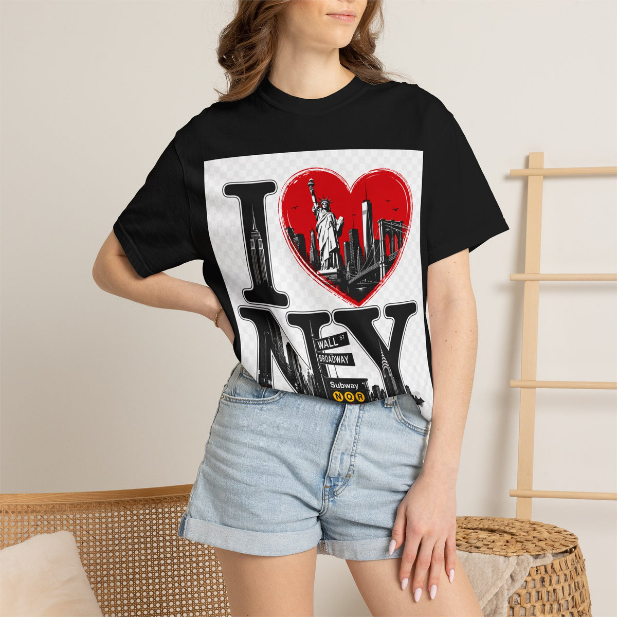 I  NY Skyline T-Shirt — New York City Souvenir Tee with Statue of Liberty & Taxi Design