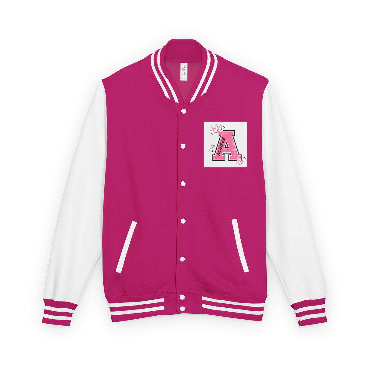 Achieve Varsity Jacket — Pink Letterman Jacket with 'Achieve' Back Design