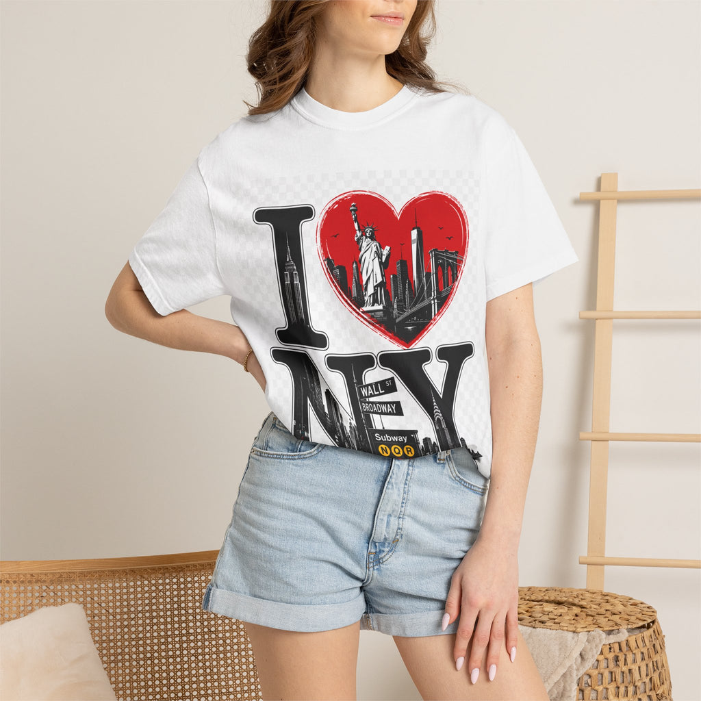 I  NY Skyline T-Shirt — New York City Souvenir Tee with Statue of Liberty & Taxi Design