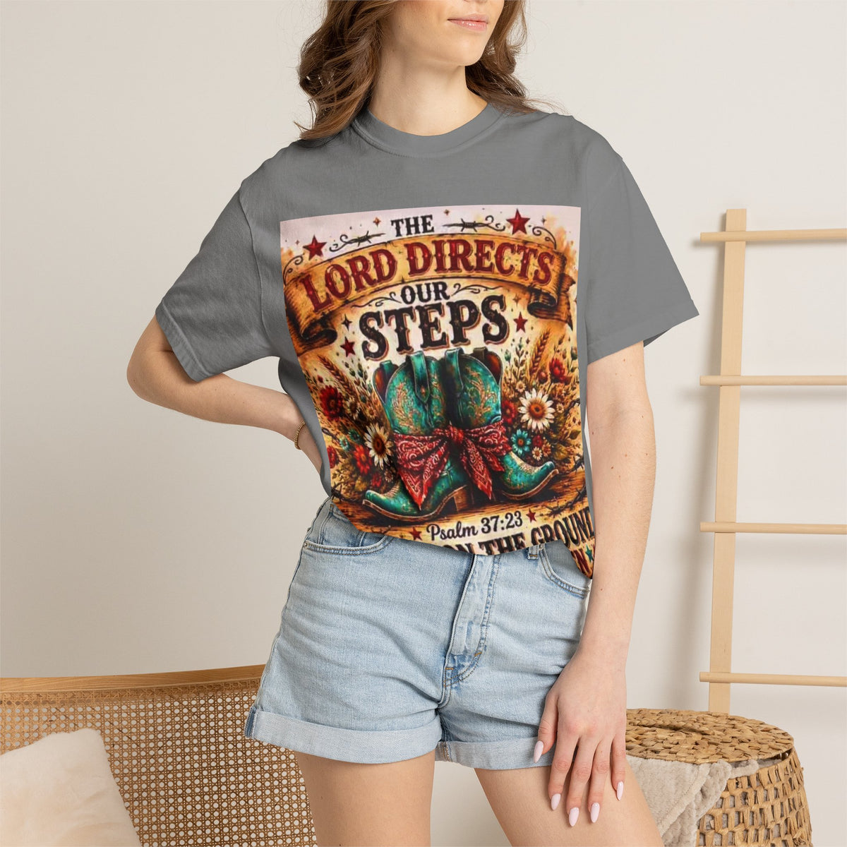Christian Cowboy Boots T‑Shirt — “The Lord Directs Our Steps” Psalm 37:23 Inspirational Tee
