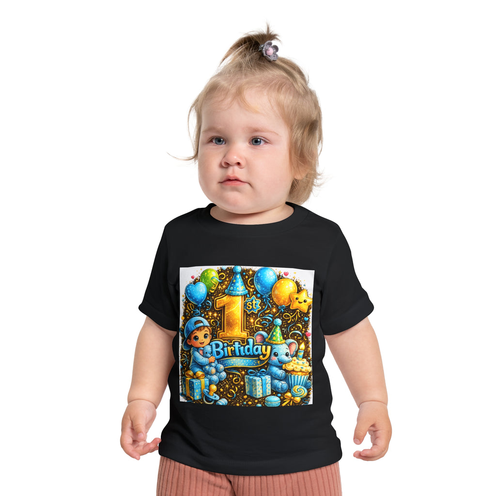 1st Birthday Baby T-Shirt — Blue Balloons & Cake First Birthday Tee
