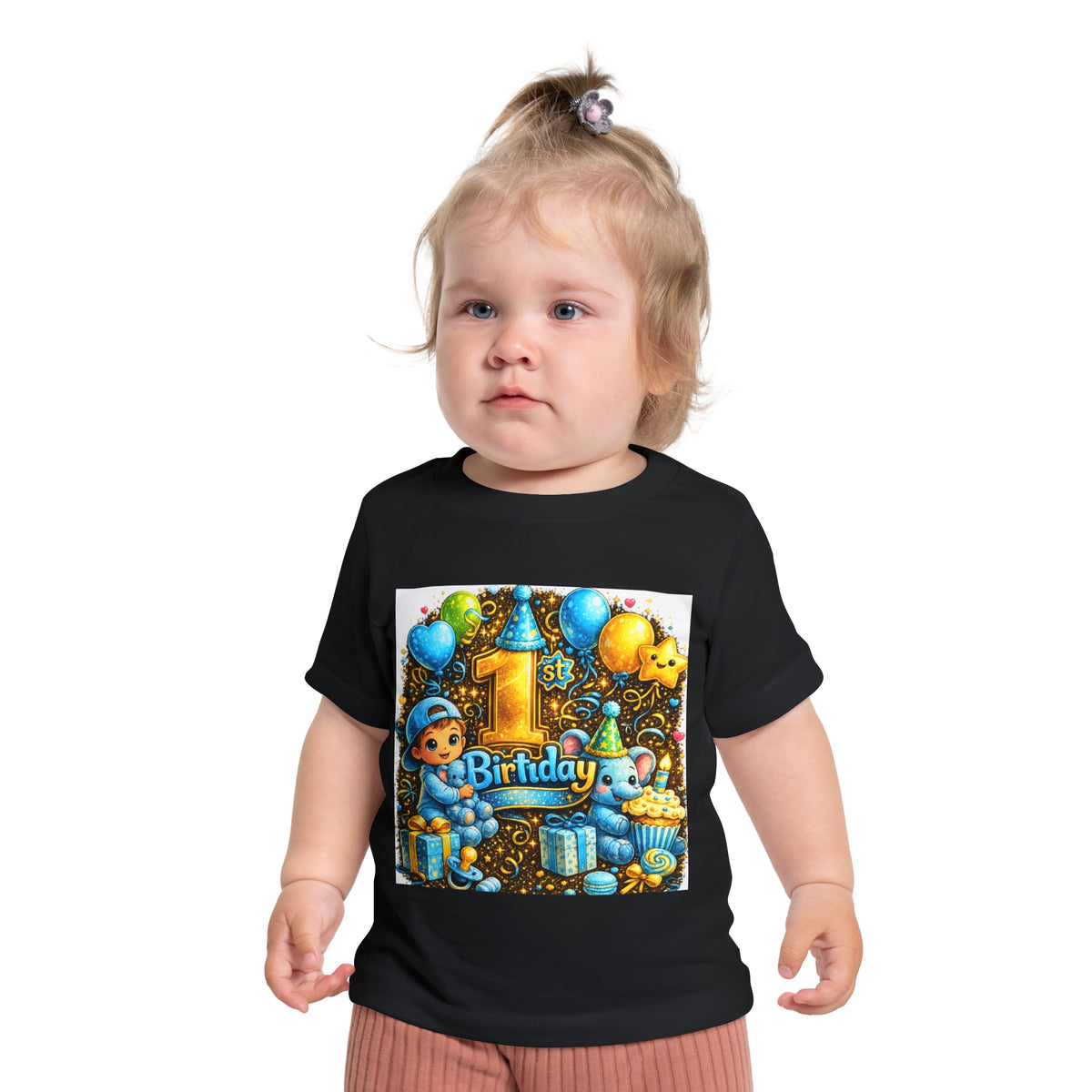 1st Birthday Baby T-Shirt — Blue Balloons & Cake First Birthday Tee