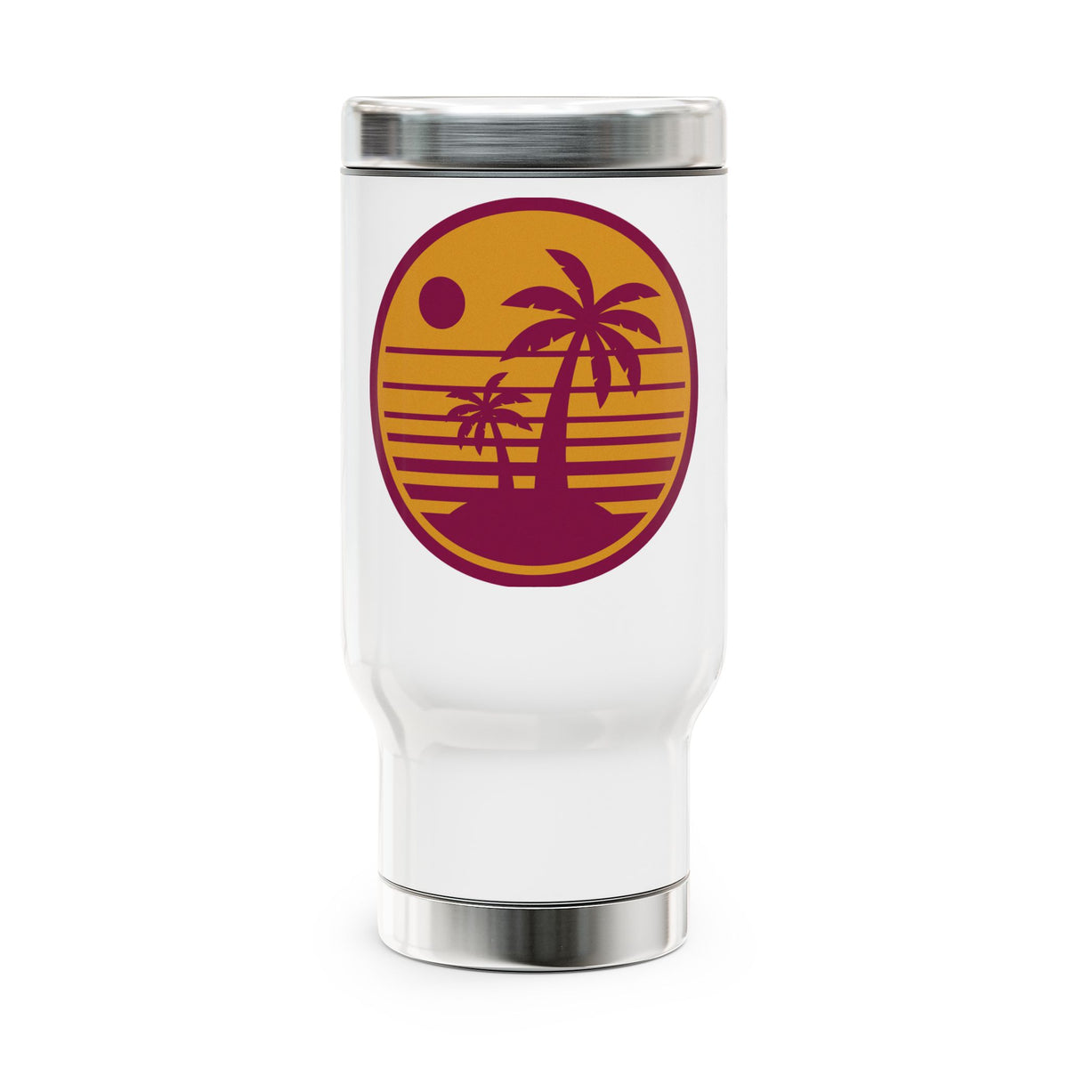 Palm Sunset Travel Mug — 14oz Stainless Steel Insulated Mug with Handle