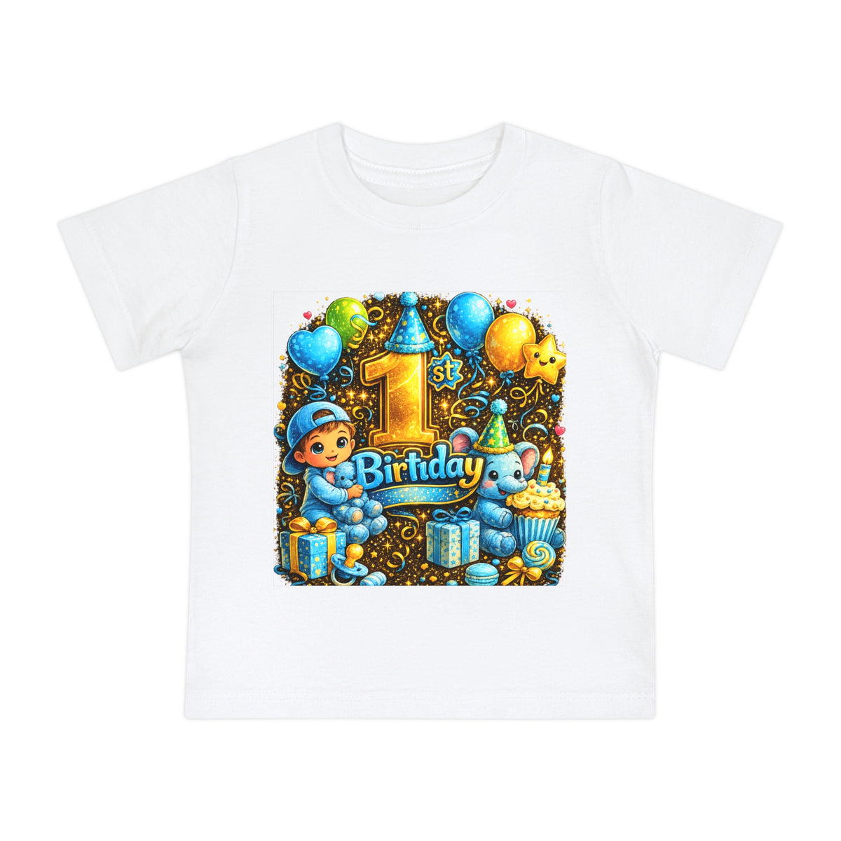 1st Birthday Baby T-Shirt — Blue Balloons & Cake First Birthday Tee
