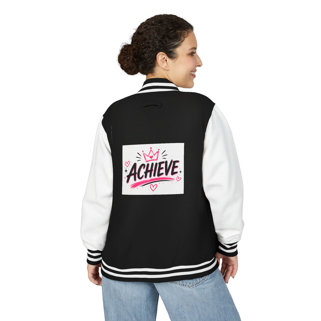 Achieve Varsity Jacket — Pink Letterman Jacket with 'Achieve' Back Design