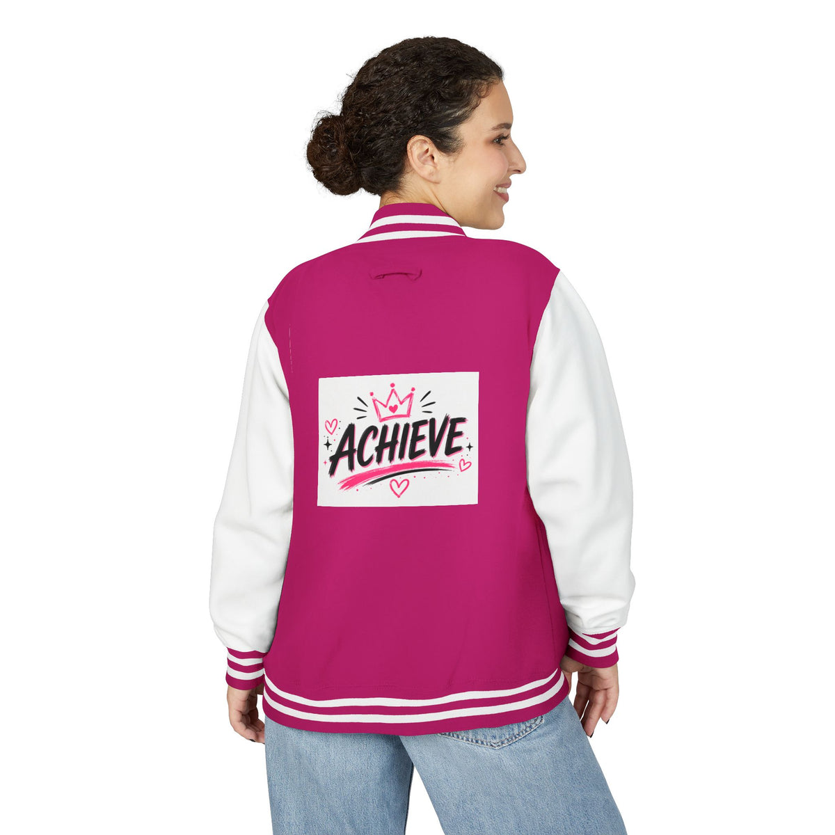Achieve Varsity Jacket — Pink Letterman Jacket with 'Achieve' Back Design