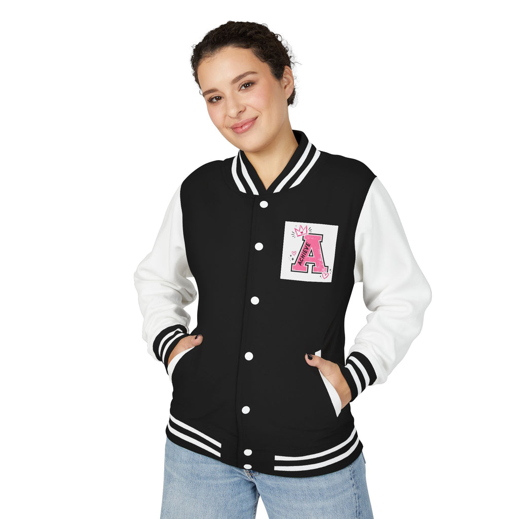 Achieve Varsity Jacket — Pink Letterman Jacket with 'Achieve' Back Design