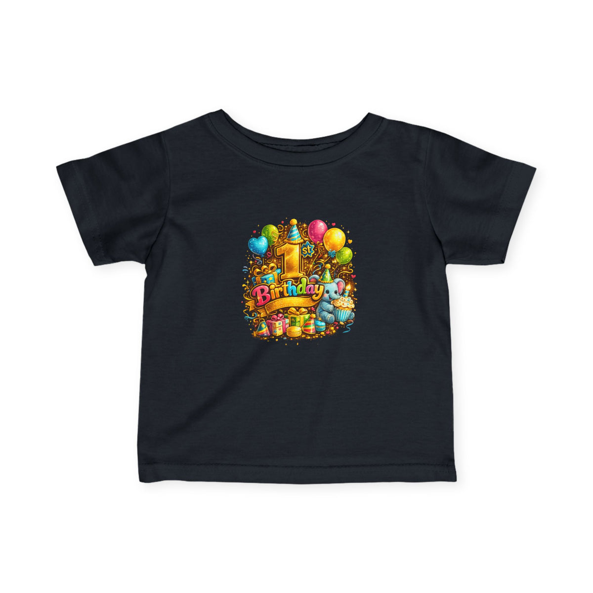 Infant Birthday Tee — Colorful Balloons & Cake Baby T‑Shirt
