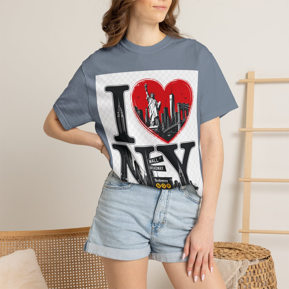 I  NY Skyline T-Shirt — New York City Souvenir Tee with Statue of Liberty & Taxi Design