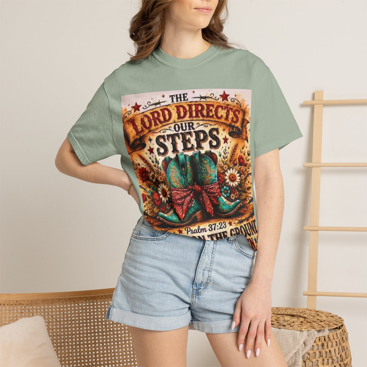 Christian Cowboy Boots T‑Shirt — “The Lord Directs Our Steps” Psalm 37:23 Inspirational Tee