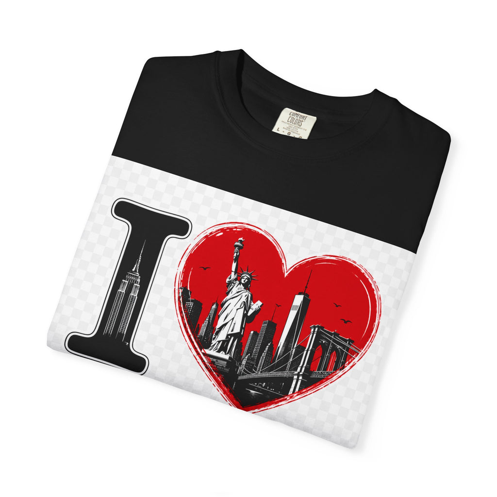 I  NY Skyline T-Shirt — New York City Souvenir Tee with Statue of Liberty & Taxi Design