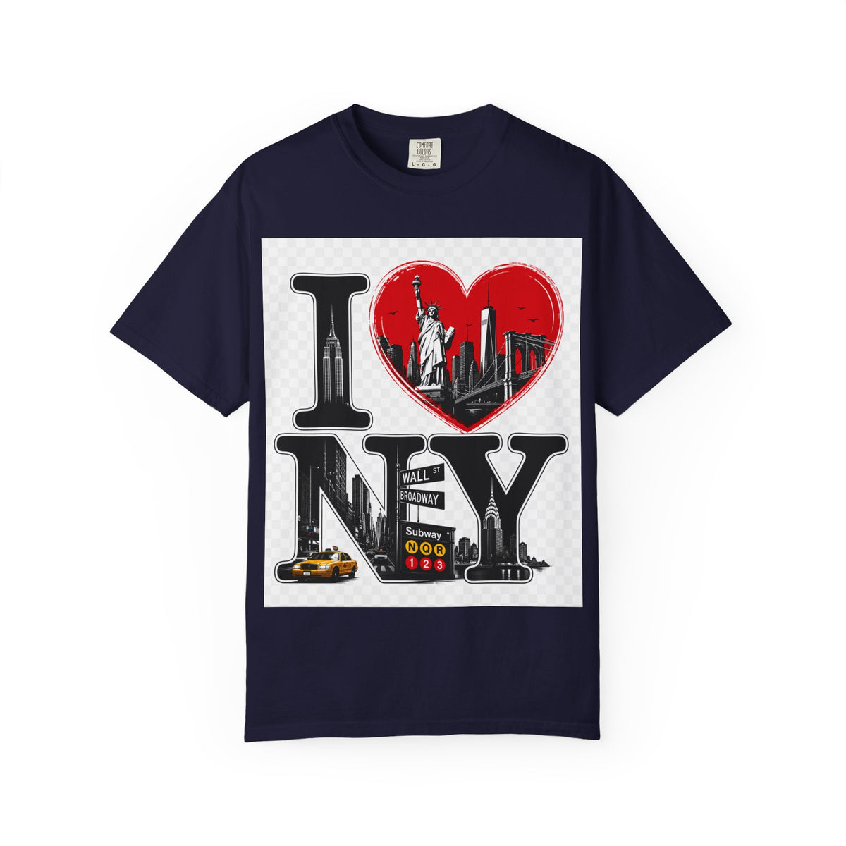 I  NY Skyline T-Shirt — New York City Souvenir Tee with Statue of Liberty & Taxi Design