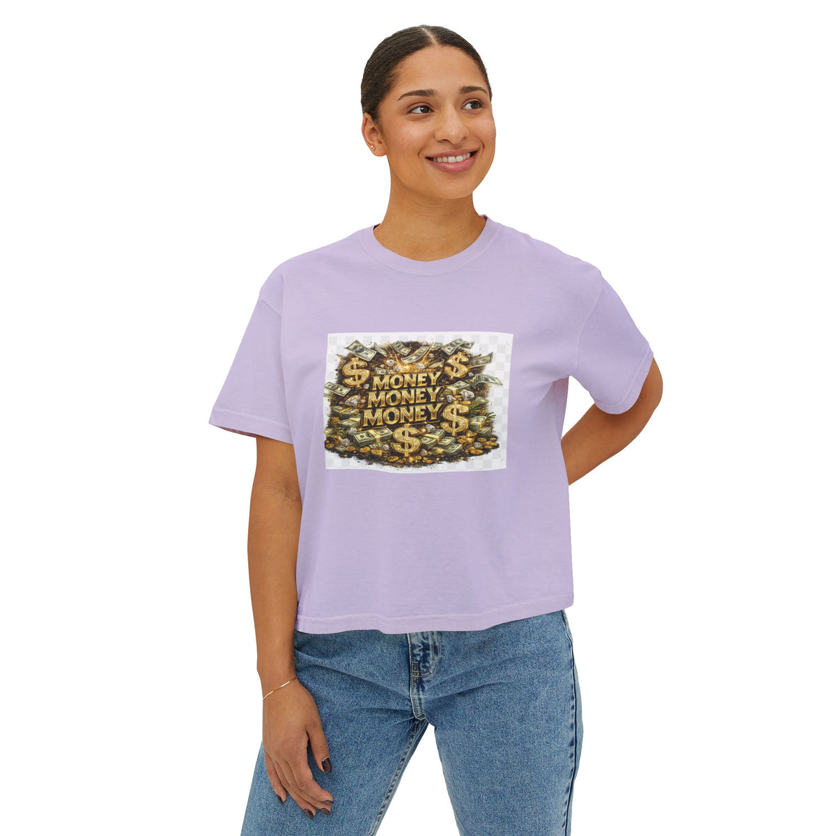 Money Stack Women's Boxy Tee — Graphic 'MONEY' Dollar Sign Design