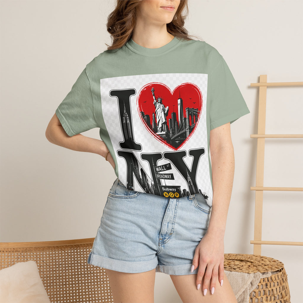 I  NY Skyline T-Shirt — New York City Souvenir Tee with Statue of Liberty & Taxi Design