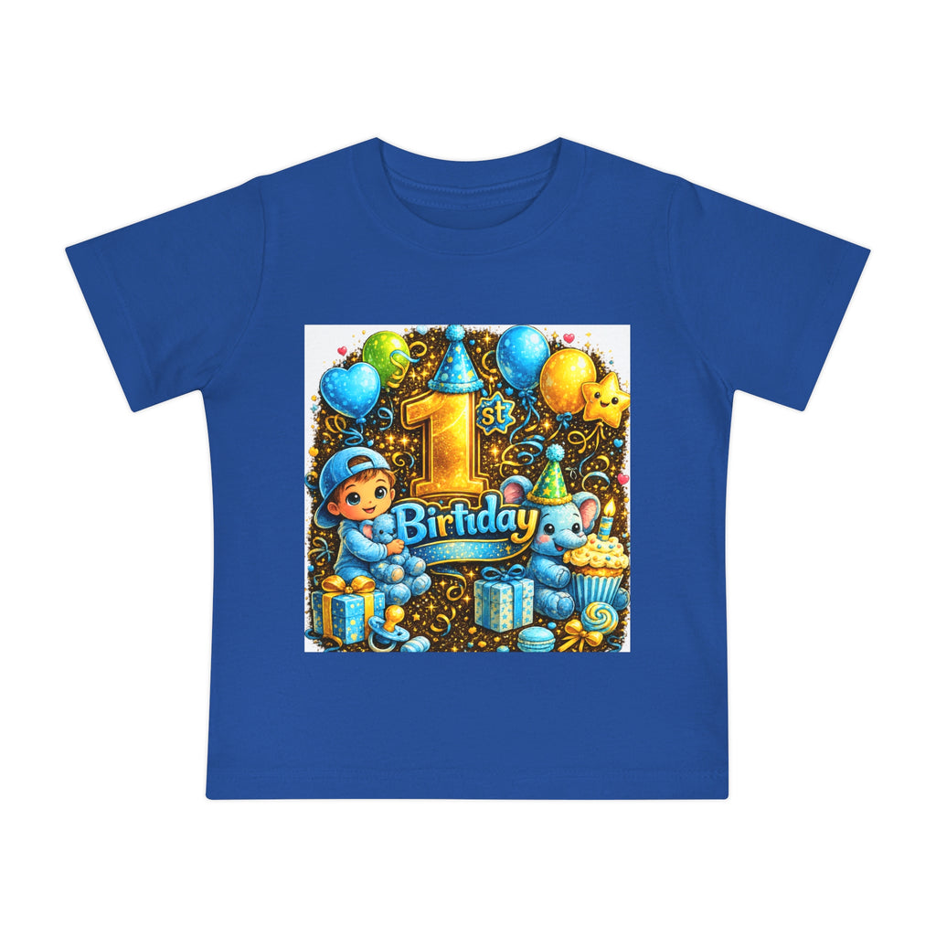 1st Birthday Baby T-Shirt — Blue Balloons & Cake First Birthday Tee
