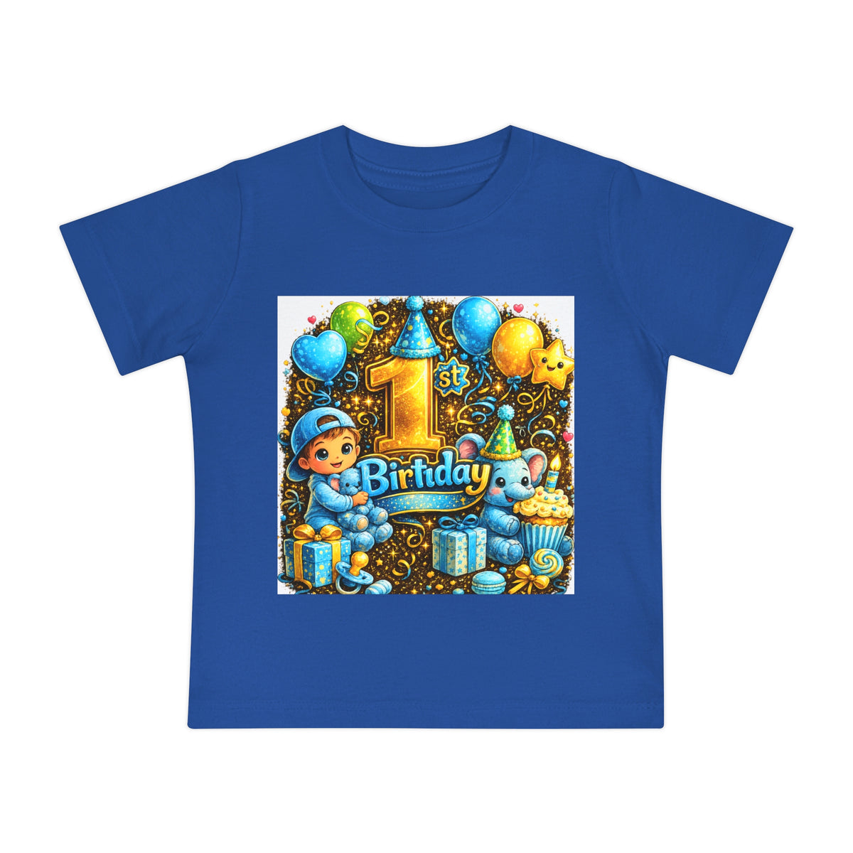 1st Birthday Baby T-Shirt — Blue Balloons & Cake First Birthday Tee
