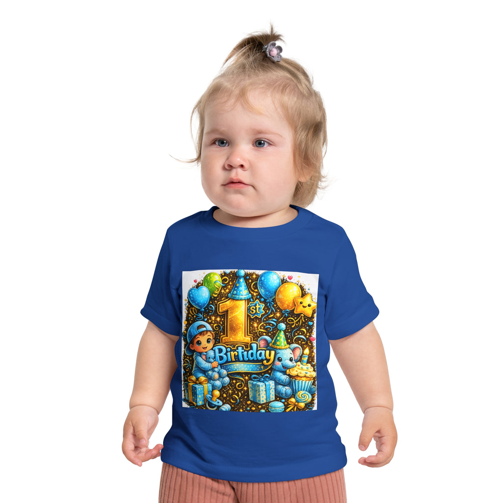 1st Birthday Baby T-Shirt — Blue Balloons & Cake First Birthday Tee