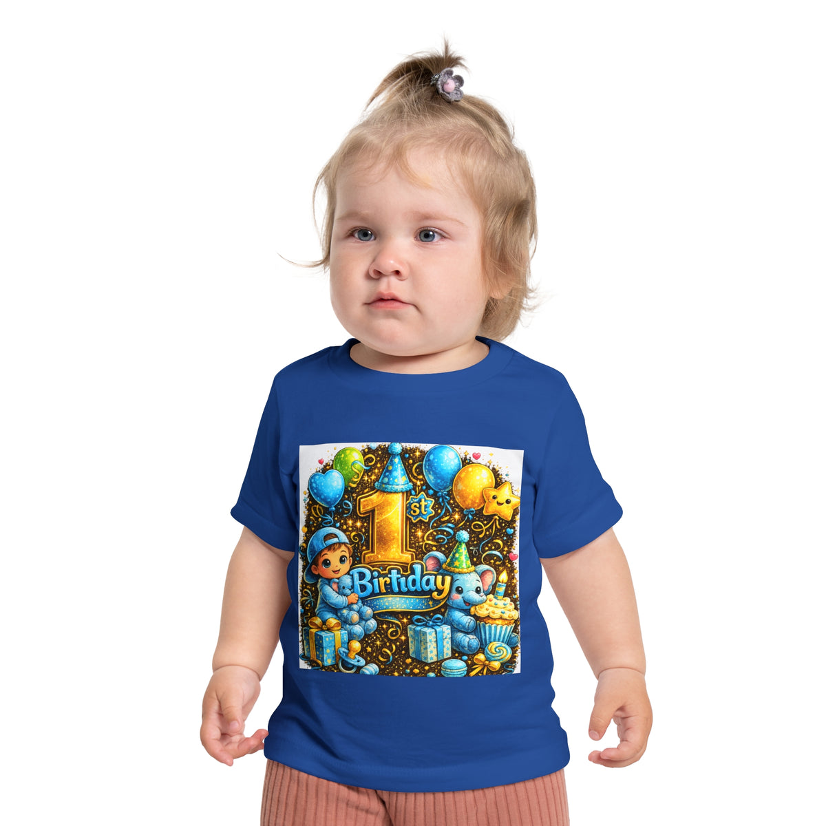 1st Birthday Baby T-Shirt — Blue Balloons & Cake First Birthday Tee