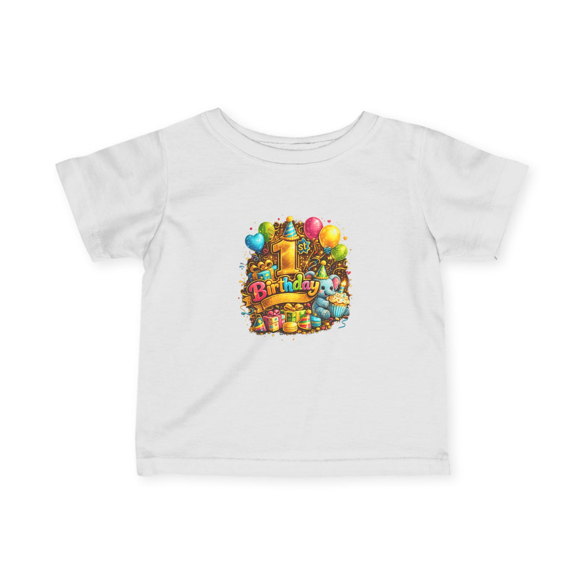Infant Birthday Tee — Colorful Balloons & Cake Baby T‑Shirt