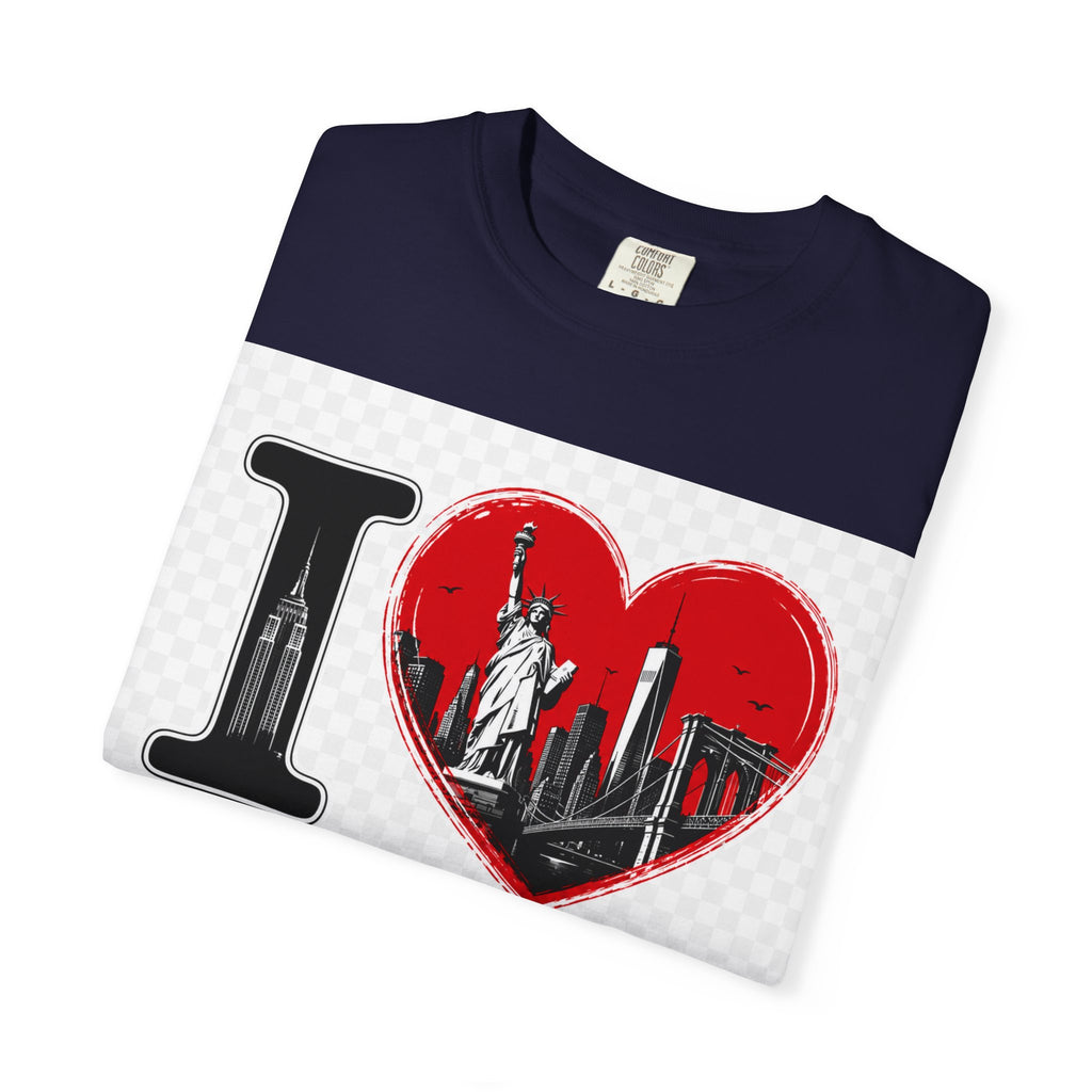 I  NY Skyline T-Shirt — New York City Souvenir Tee with Statue of Liberty & Taxi Design