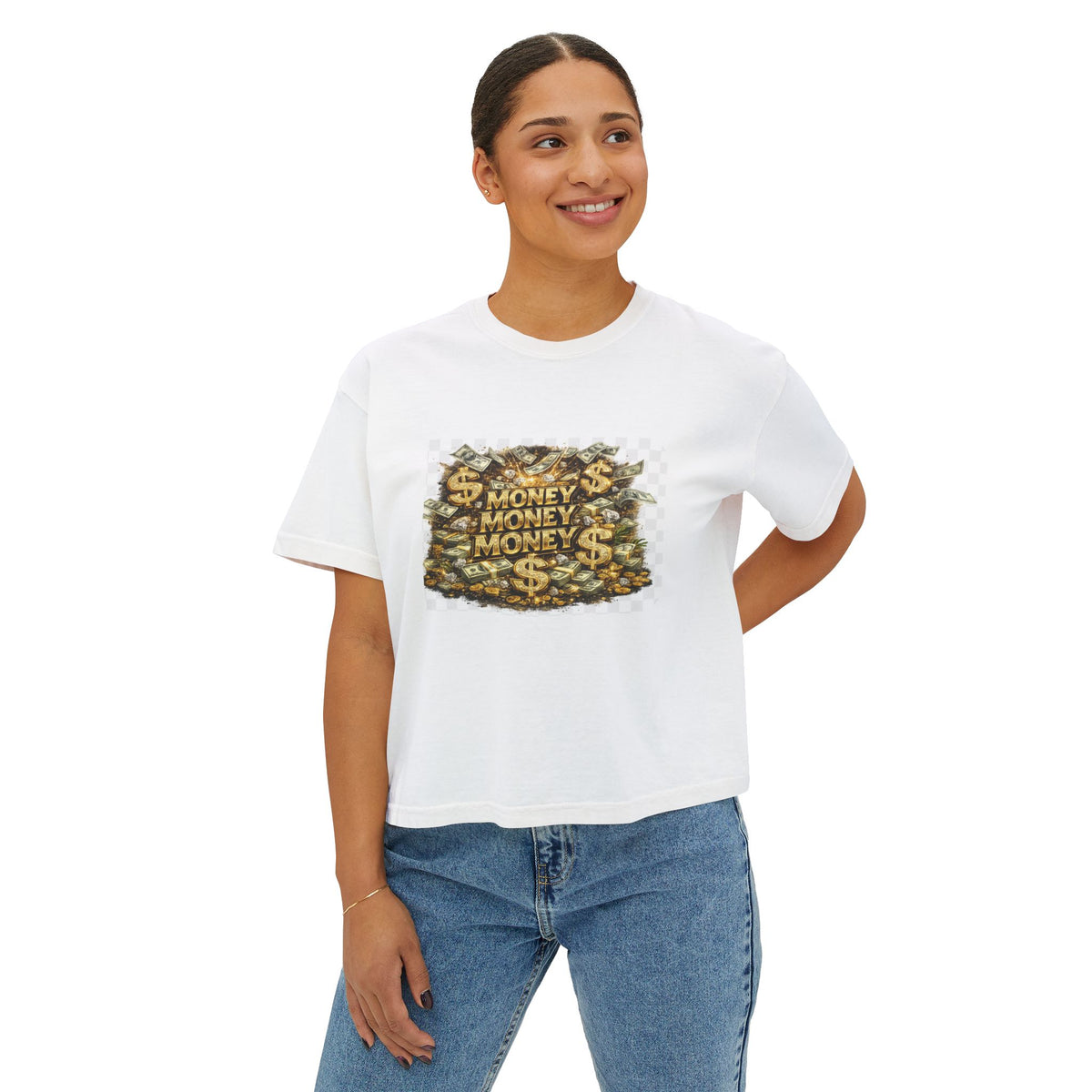 Money Stack Women's Boxy Tee — Graphic 'MONEY' Dollar Sign Design