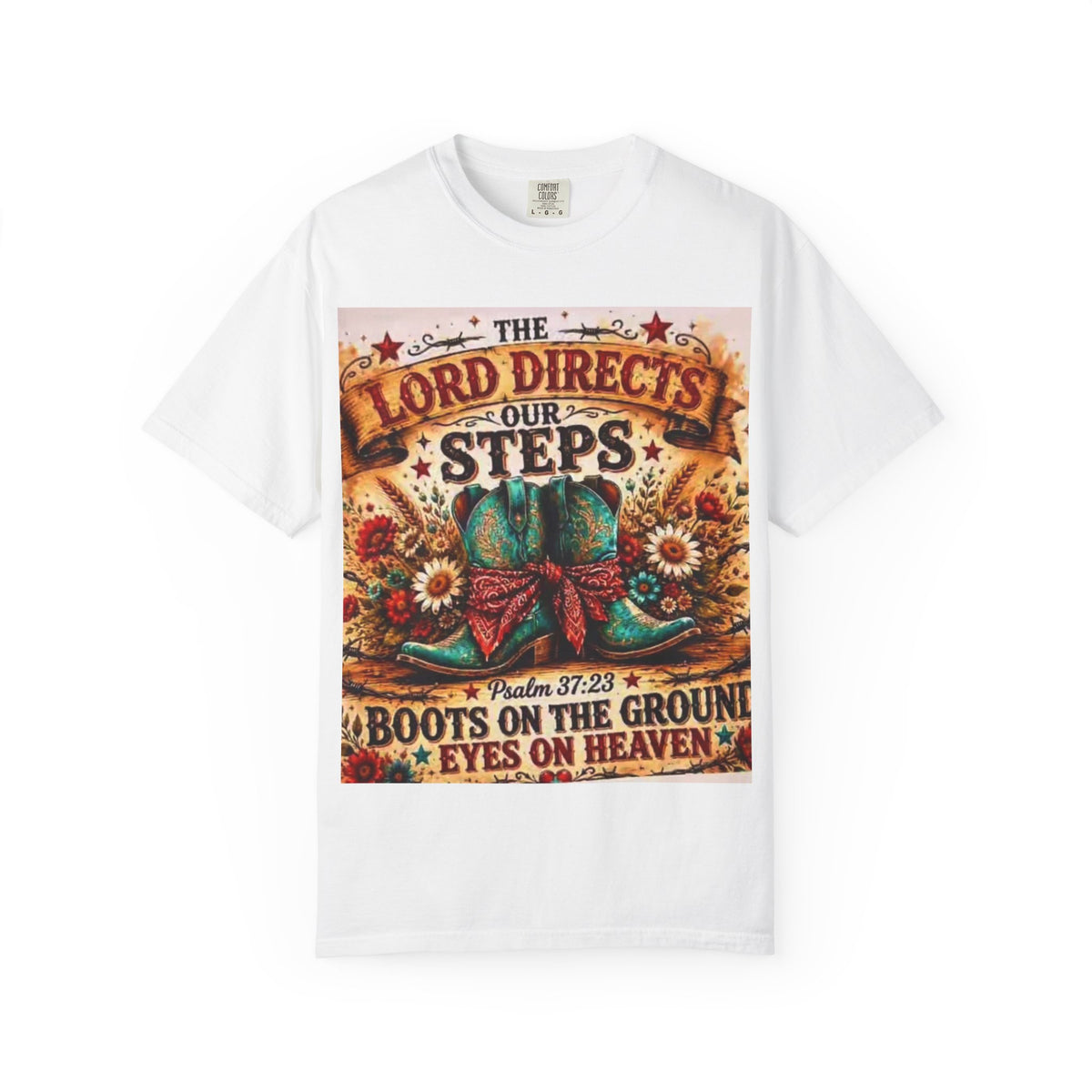 Christian Cowboy Boots T‑Shirt — “The Lord Directs Our Steps” Psalm 37:23 Inspirational Tee