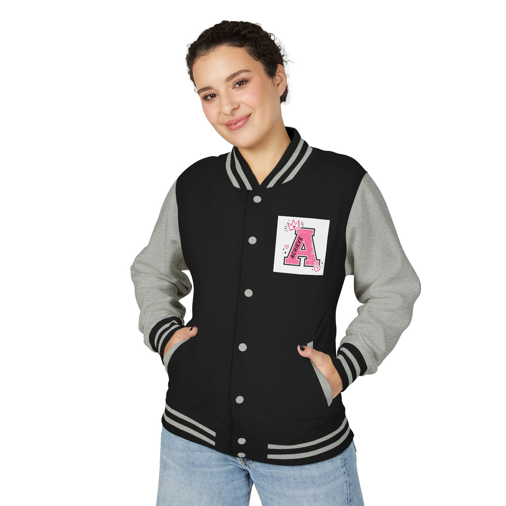 Achieve Varsity Jacket — Pink Letterman Jacket with 'Achieve' Back Design