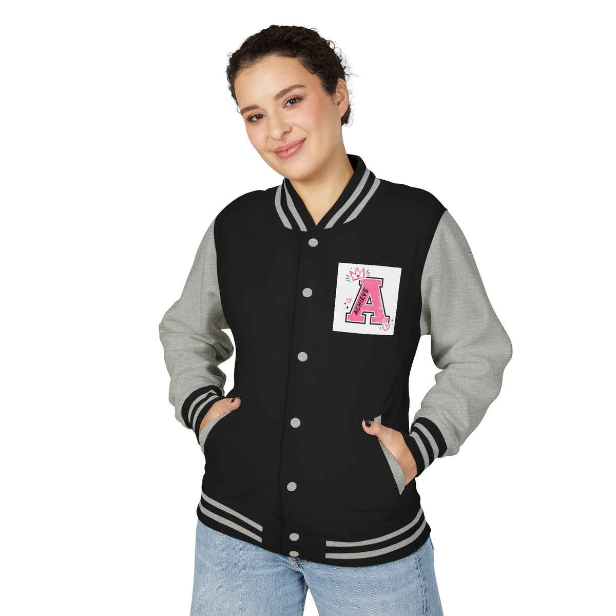 Achieve Varsity Jacket — Pink Letterman Jacket with 'Achieve' Back Design