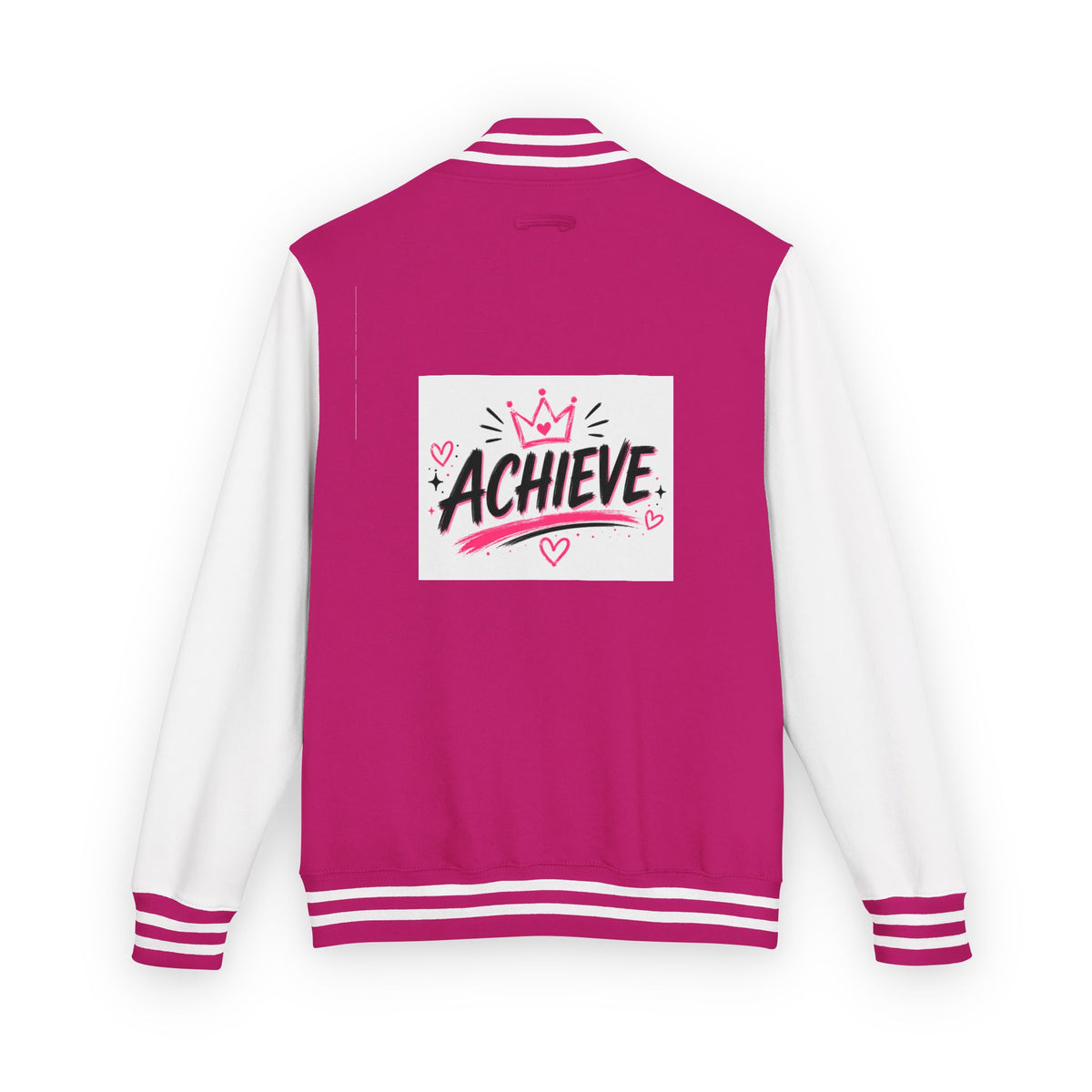 Achieve Varsity Jacket — Pink Letterman Jacket with 'Achieve' Back Design